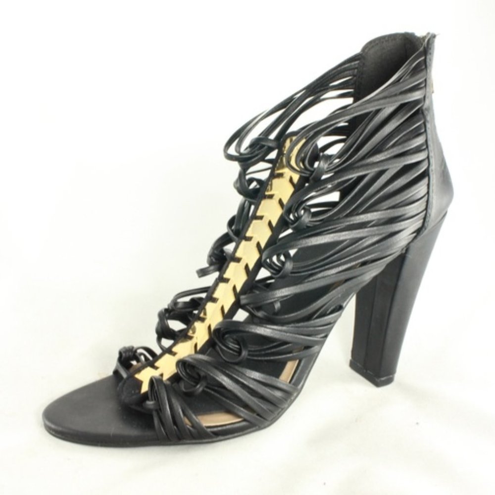 JustFab Strappy Open Toe Black Gold Sandal Heels